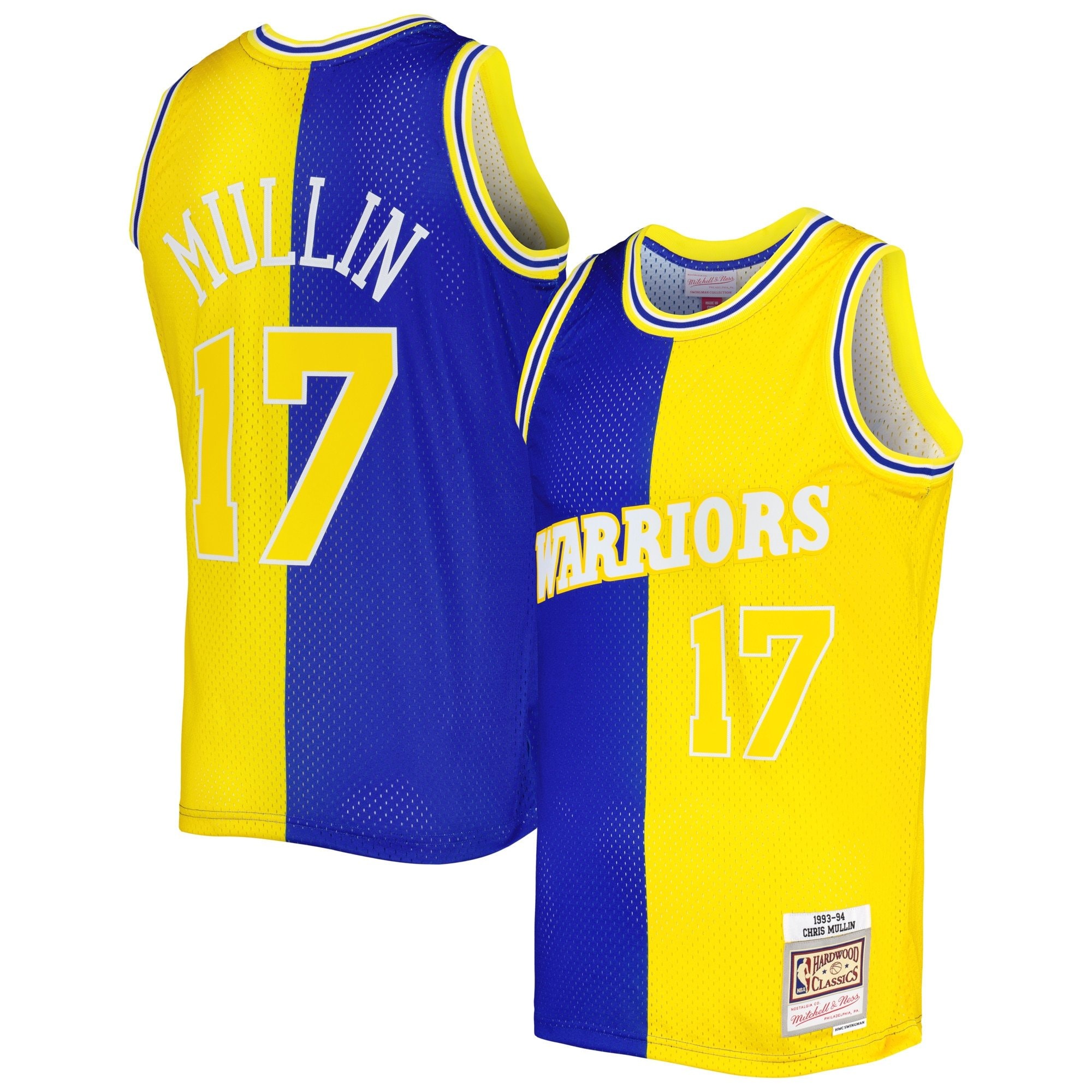 Men's Mitchell & Ness Chris Mullin Royal Gold Golden State Warriors 1993/94 Hardwood Classics Split Swingman Jersey