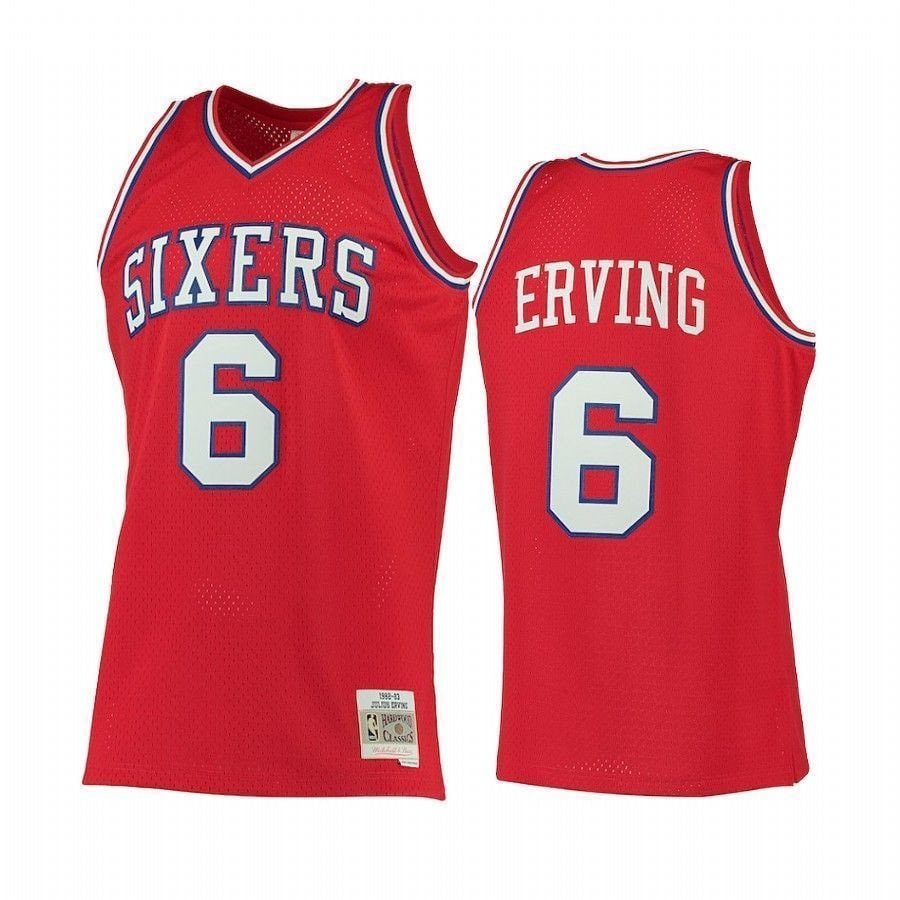 Men's Philadelphia 76ers Julius Erving #6 Red Hardwood Classics Jersey