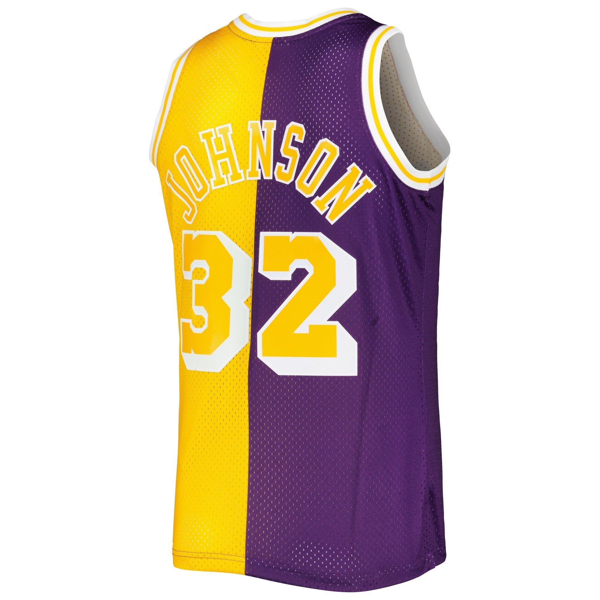 Men's Mitchell & Ness Magic Johnson Purple Gold Los Angeles Lakers 1984/85 Split Swingman Jersey