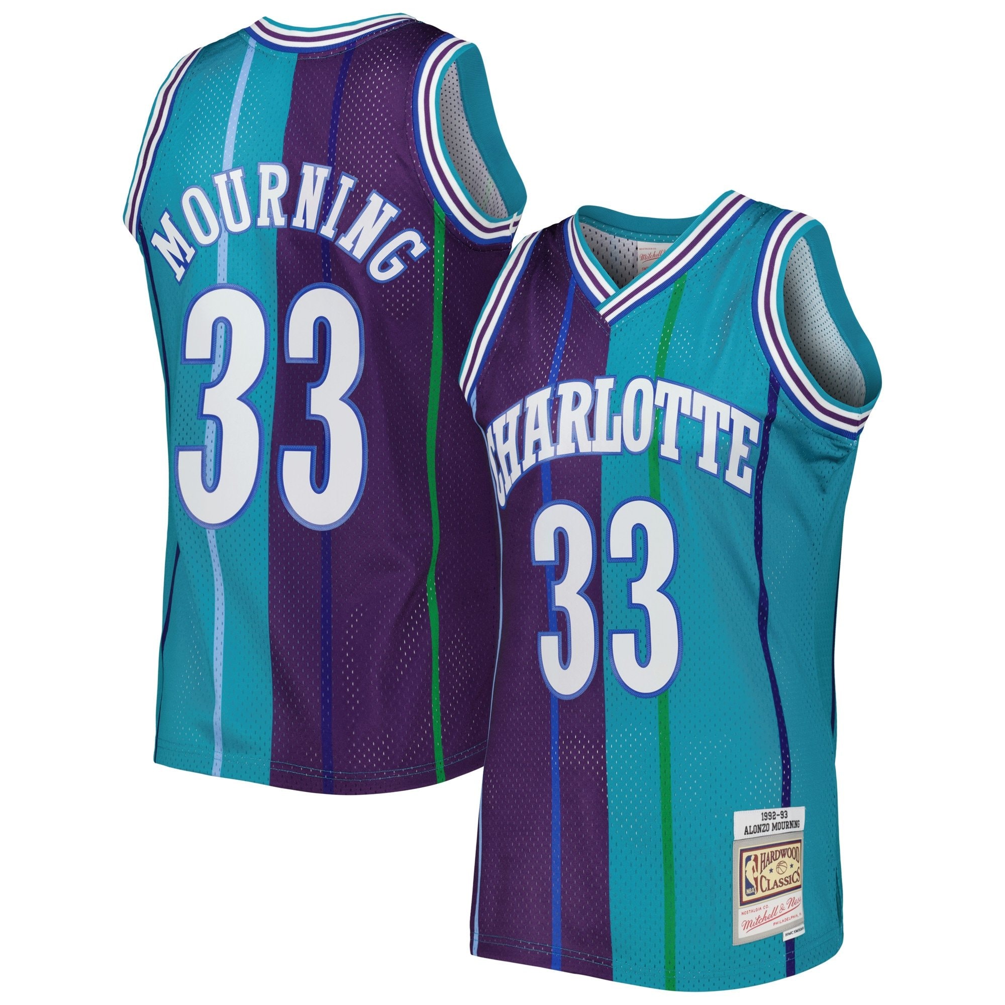 Men's Mitchell & Ness Alonzo Mourning Teal Purple Charlotte Hornets 1992/93 Hardwood Classics Split Swingman Jersey