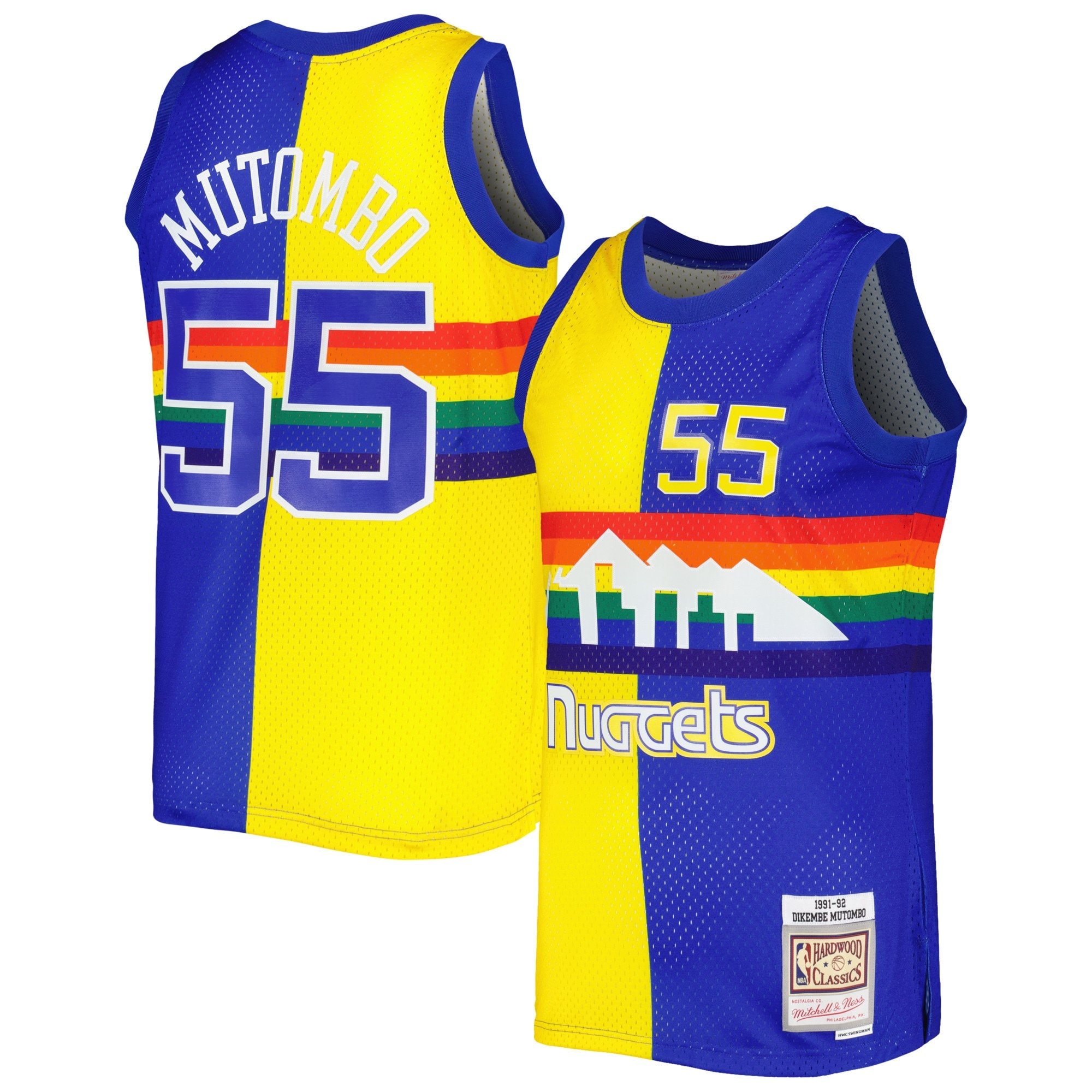 Men's Mitchell & Ness Dikembe Mutombo Royal Gold Denver Nuggets 1991/92 Hardwood Classics Split Swingman Jersey
