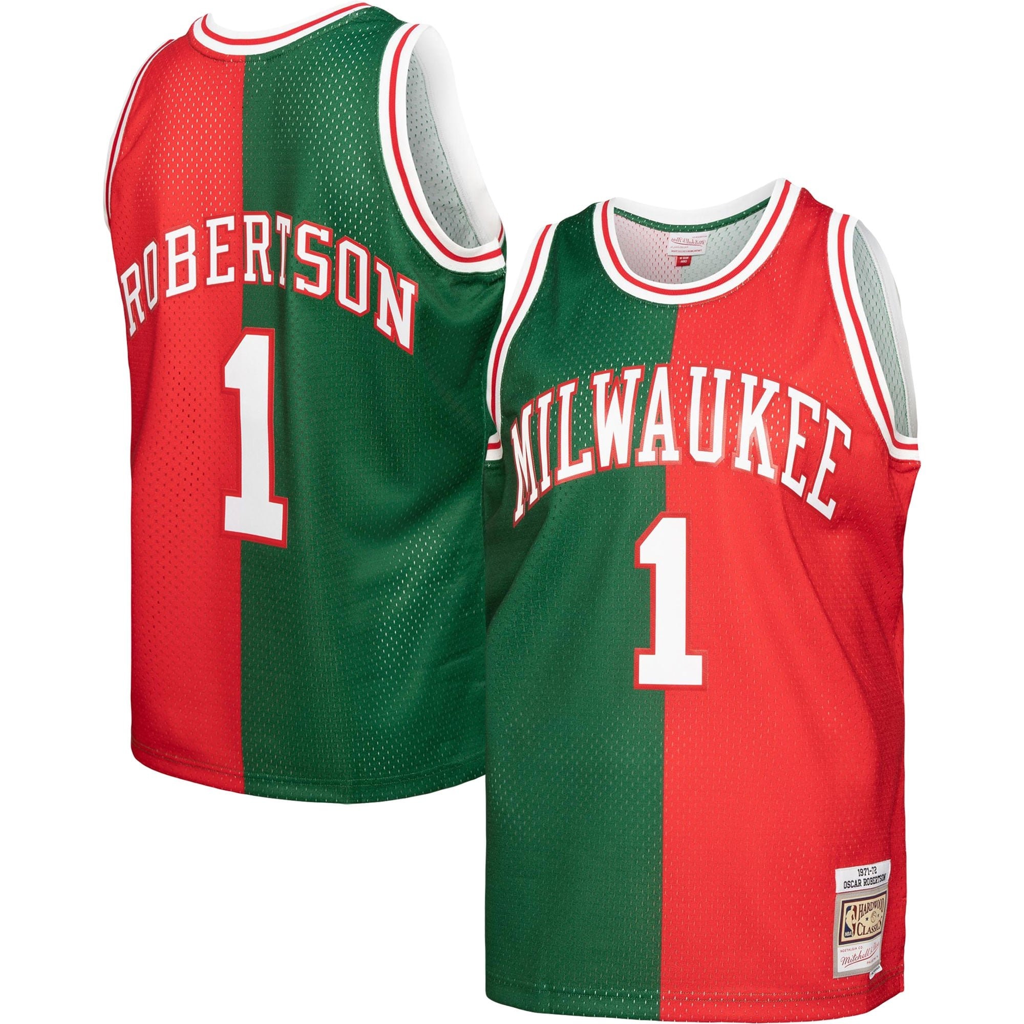 Men's Mitchell & Ness Oscar Robertson Green/Red Milwaukee Bucks 1971/72 Split Swingman Jersey