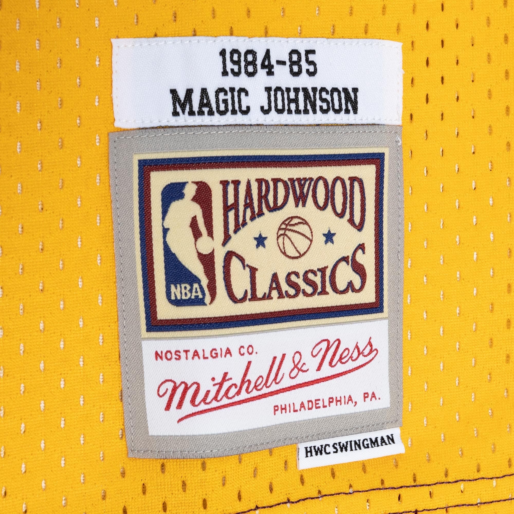 Men's Mitchell & Ness Magic Johnson Purple Gold Los Angeles Lakers 1984/85 Split Swingman Jersey