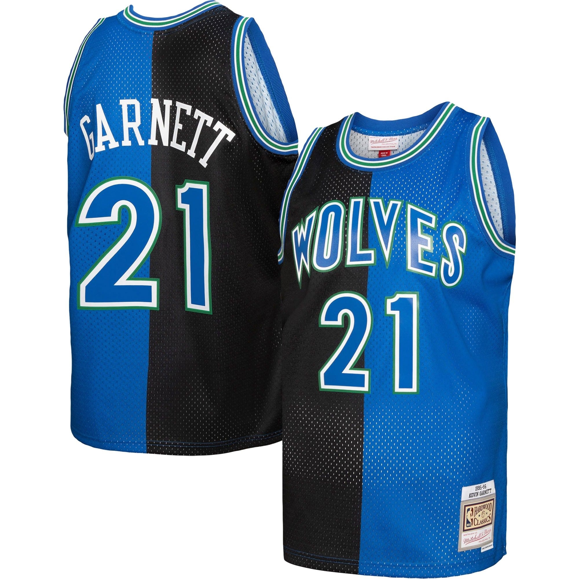 Men's Mitchell & Ness Kevin Garnett Black/Blue Minnesota Timberwolves 1995/96 Hardwood Classics Split Swingman Jersey