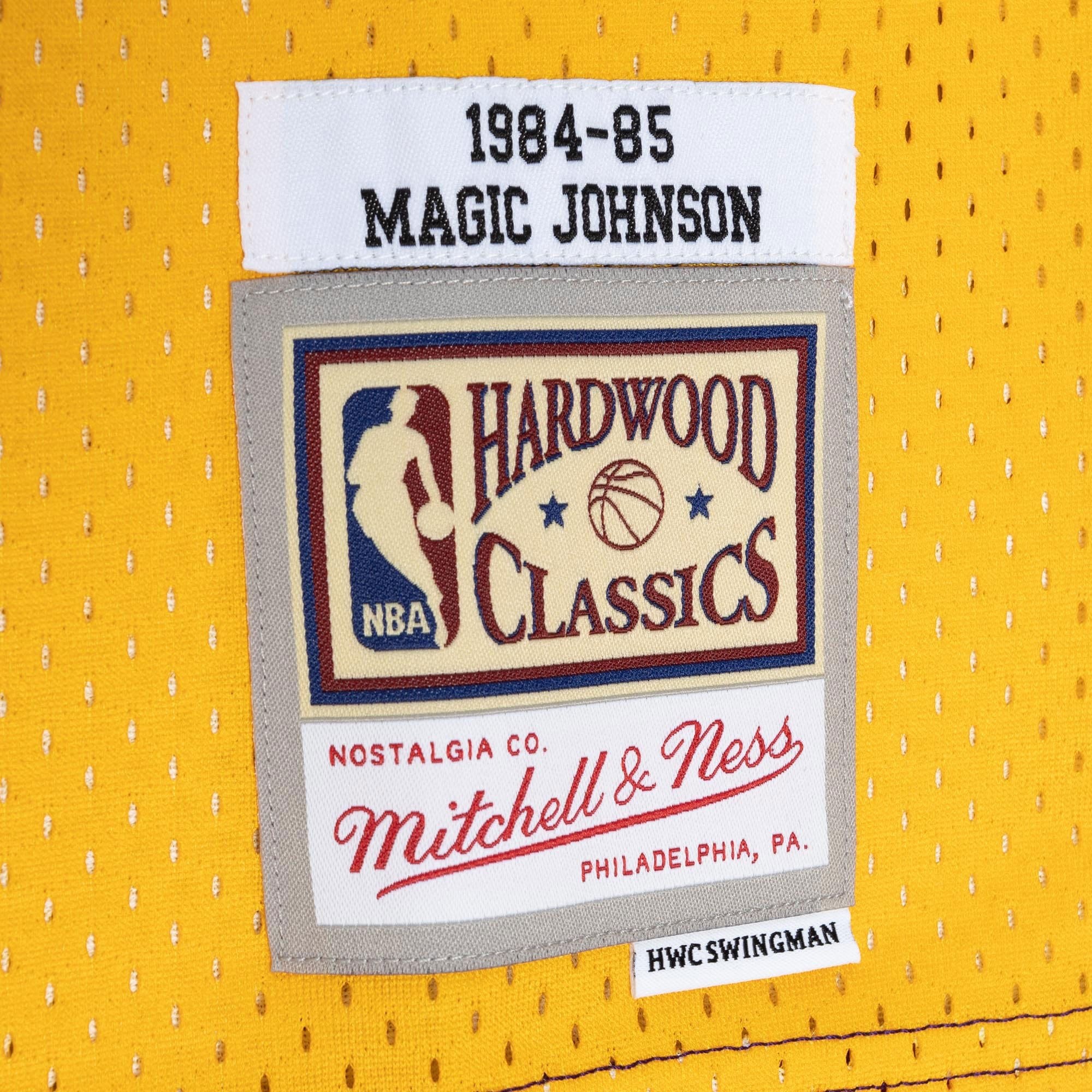 Men's Mitchell & Ness Magic Johnson Purple Gold Los Angeles Lakers 1984/85 Split Swingman Jersey