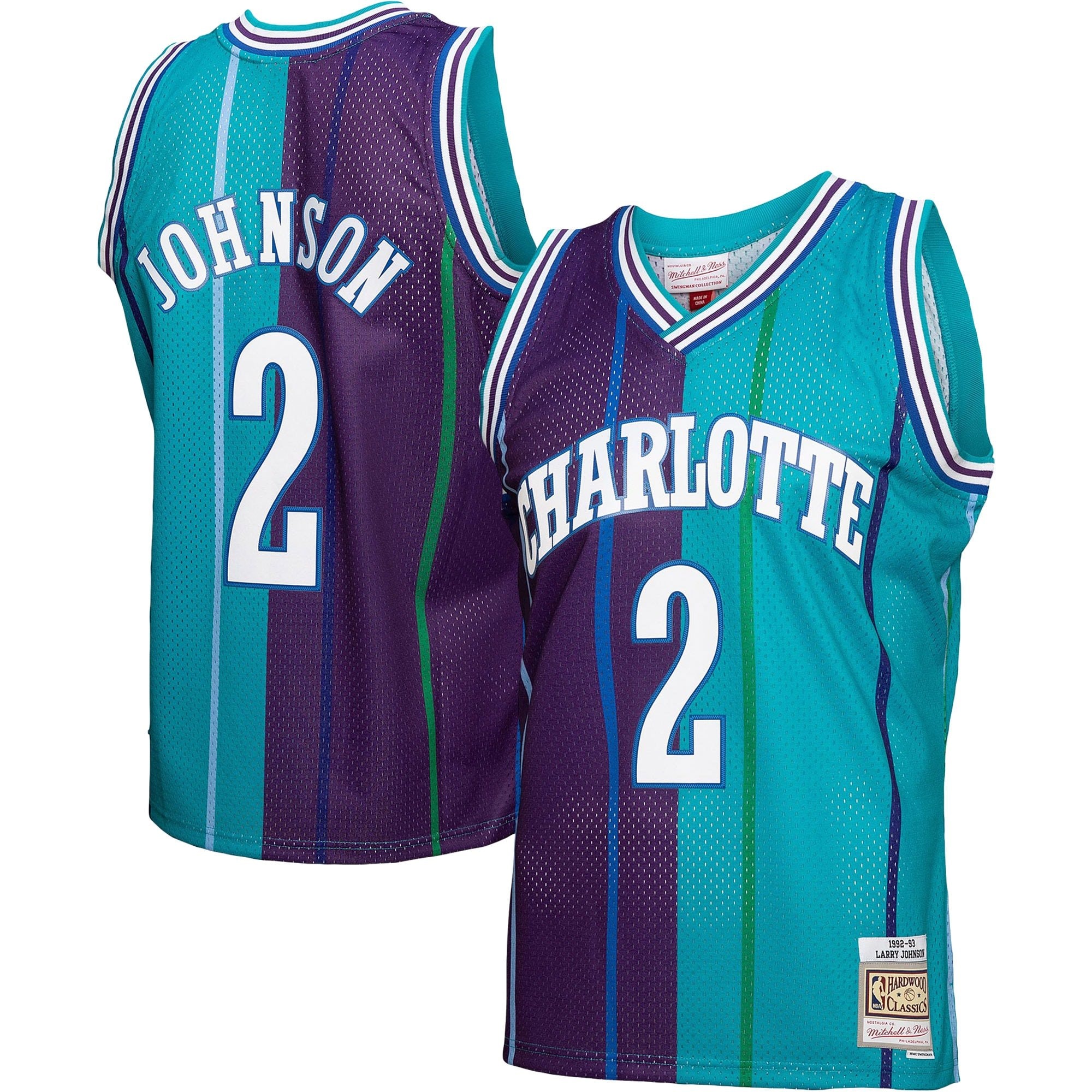 Men's Mitchell & Ness Larry Johnson Teal Purple Charlotte Hornets 1992/93 Split Swingman Jersey