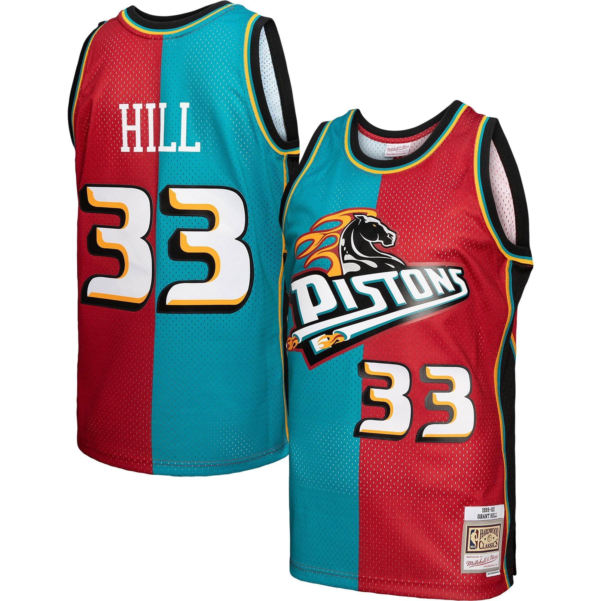Men's Mitchell & Ness Grant Hill Teal Red Detroit Pistons Hardwood Classics 1999/00 Split Swingman Jersey