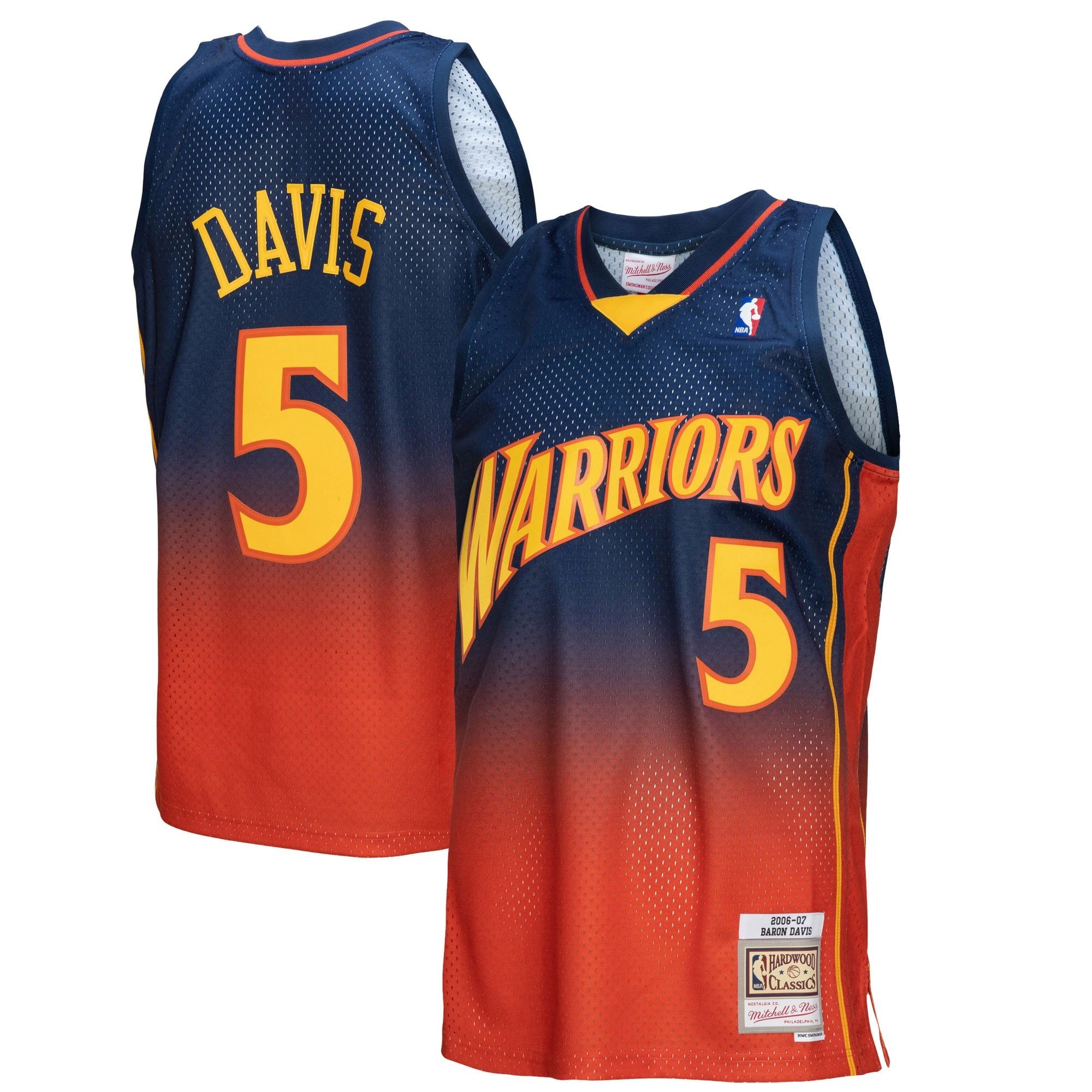 Men's Mitchell & Ness Baron Davis Navy Orange Golden State Warriors 2006/07 Hardwood Classics Fadeaway Swingman Jersey