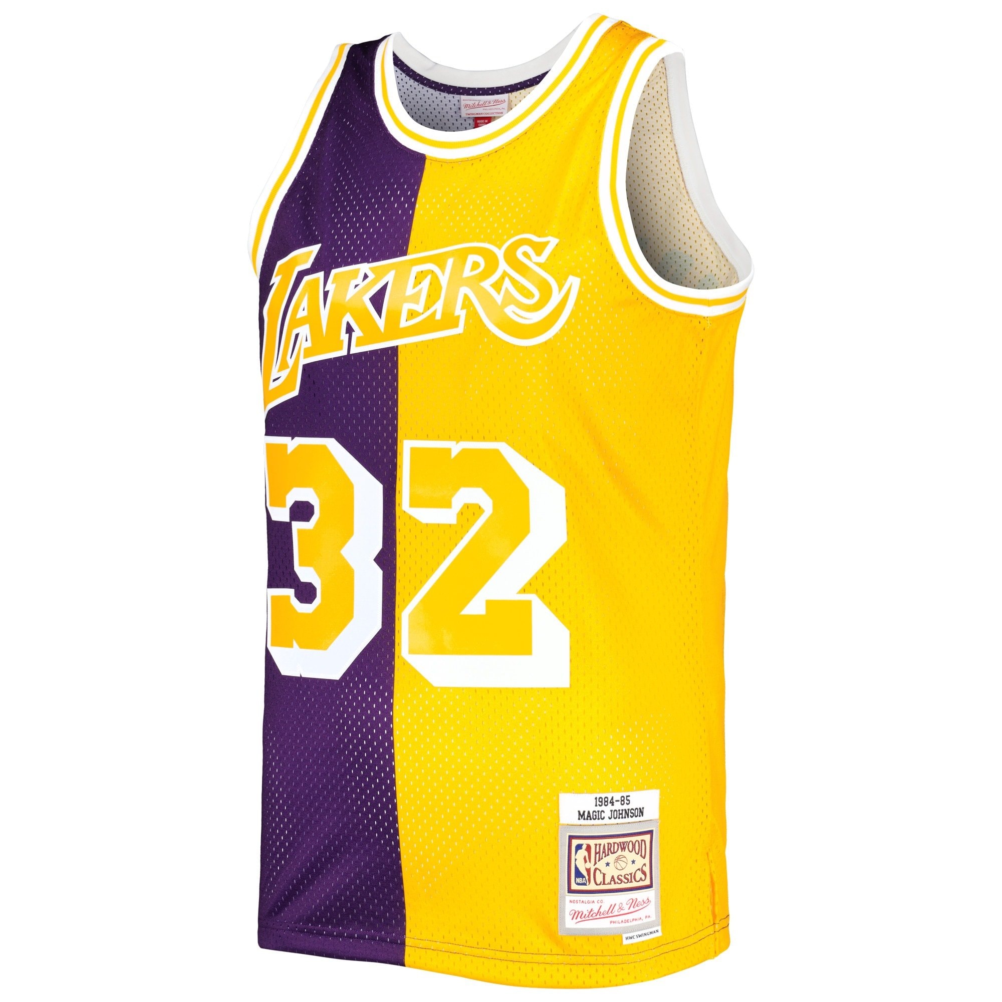 Men's Mitchell & Ness Magic Johnson Purple Gold Los Angeles Lakers 1984/85 Split Swingman Jersey