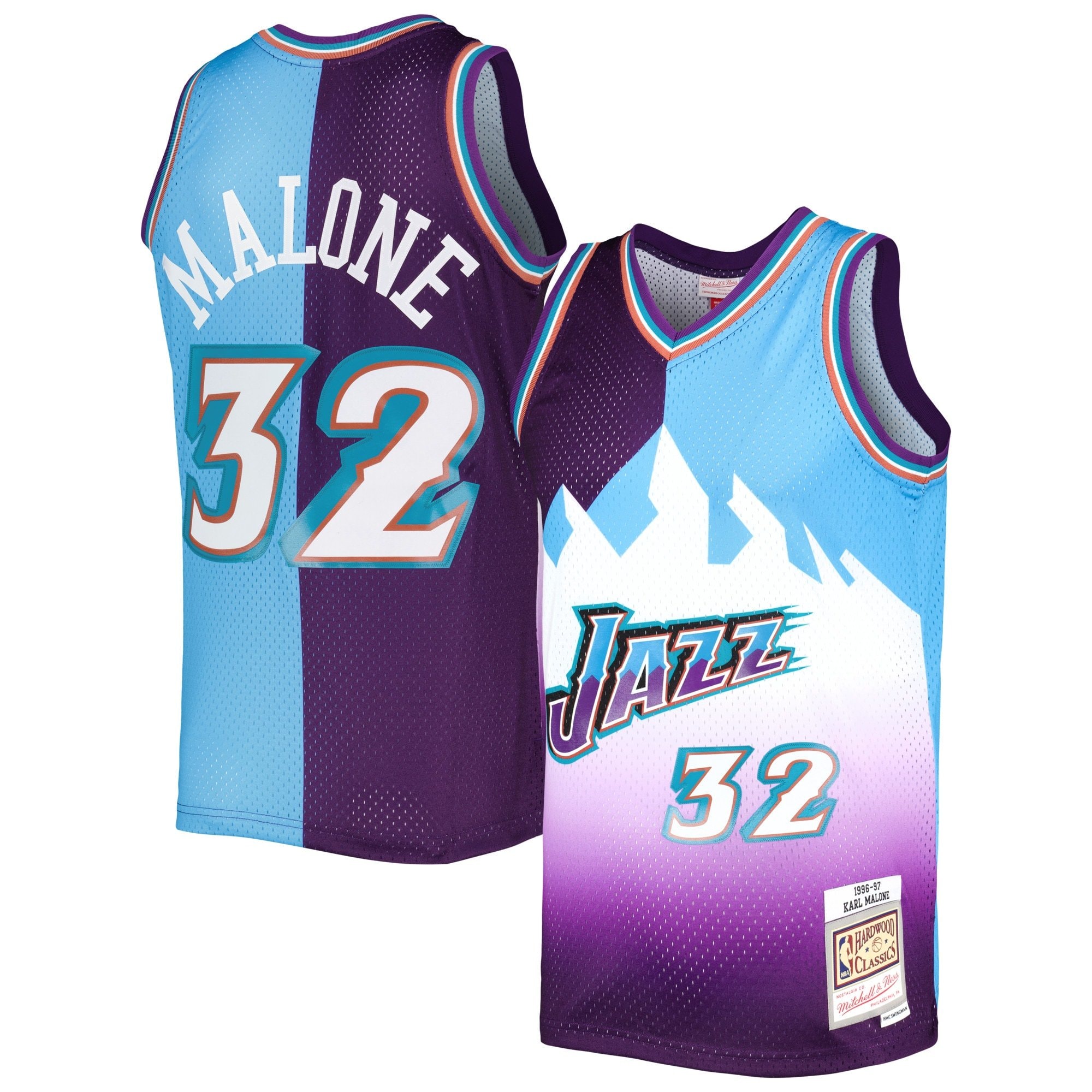 Men's Mitchell & Ness Karl Malone Purple Turquoise Utah Jazz 1996/97 Split Swingman Jersey