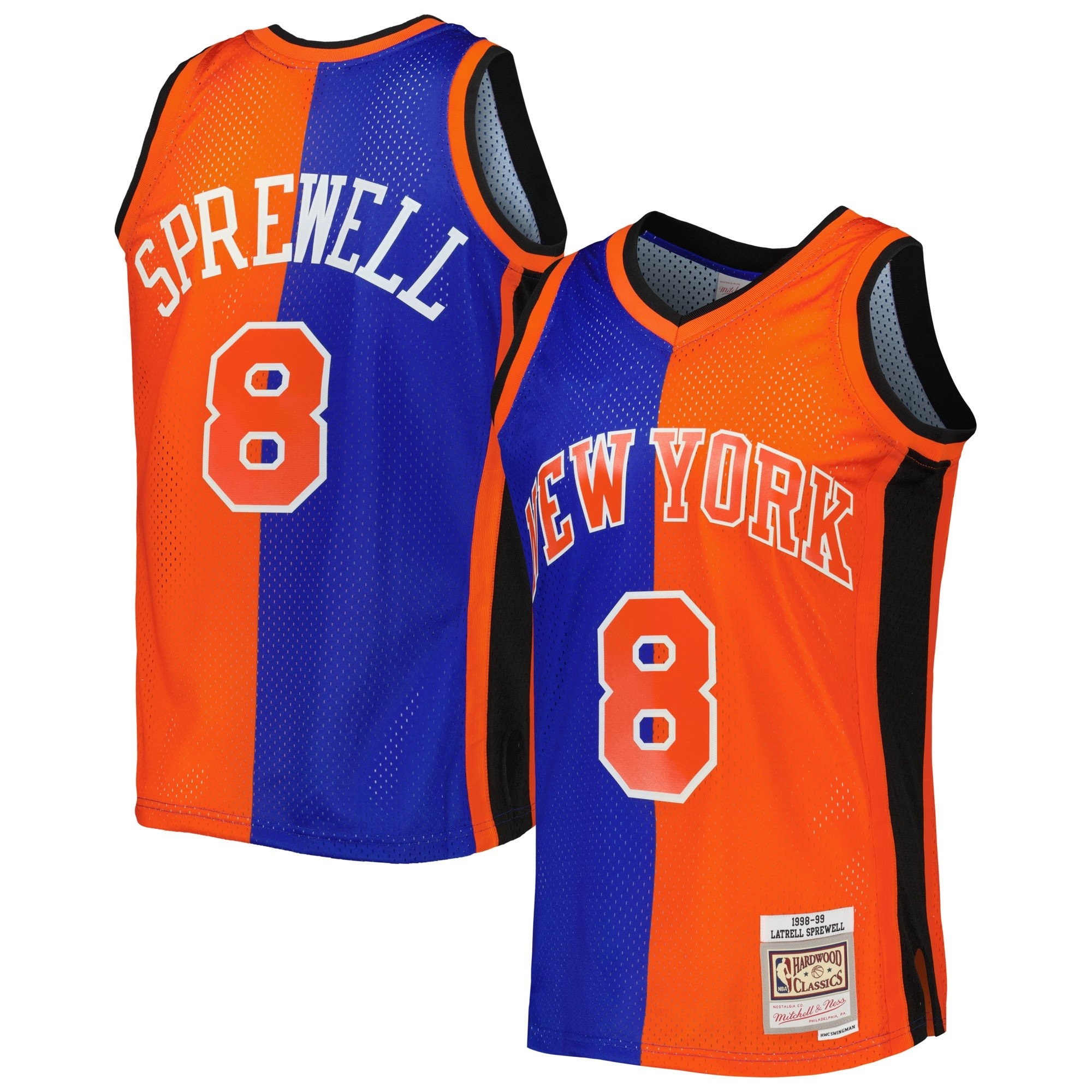 Men's Mitchell & Ness Latrell Sprewell Blue/Orange New York Knicks 1998/99 Hardwood Classics Split Swingman Jersey