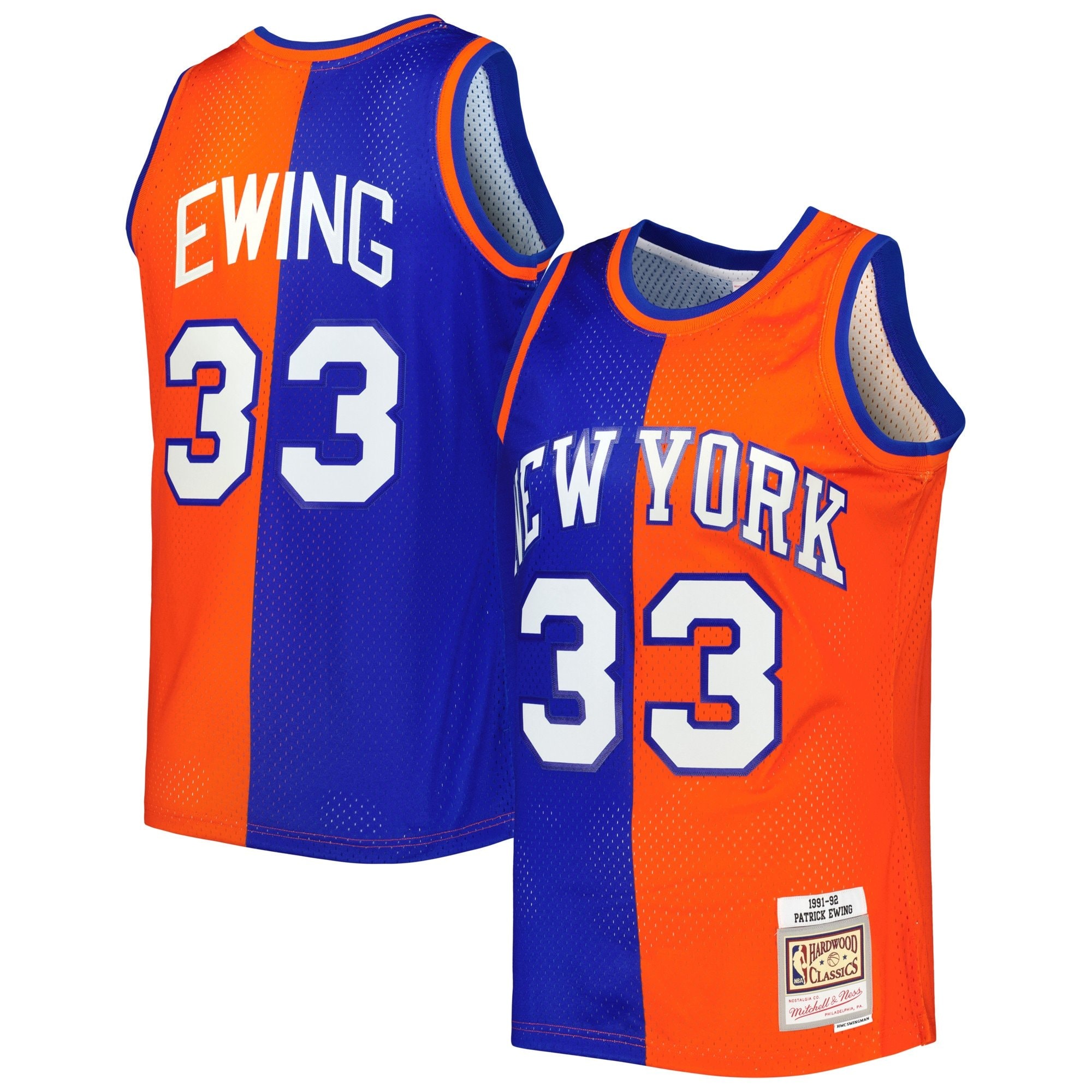 Men's Mitchell & Ness Patrick Ewing Blue/Orange New York Knicks 1991/92 Hardwood Classics Split Swingman Jersey